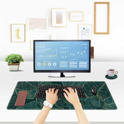 ToLuLu Extended Gaming Mouse Pad, Ergonomic Keyboard Mouse Wrist Rest Set | Large Desk Mat with Stitched Edges, Non-Slip Base Memory Foam Mousepad Support for Home Office Game, Green Golden Leaves - color: Green Golden Leaves