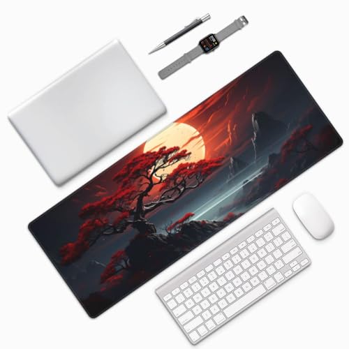 Darkness Red Moon Desk Mat Japanese Mouse Pad, Large Japanese Desk Mat, XL Anime Gaming Keyboard Mat, Non-Slip Rubber Base, Big Extended Desk Protector for Home Office, 31.5”x11.8” - color: Darkness Red Moon