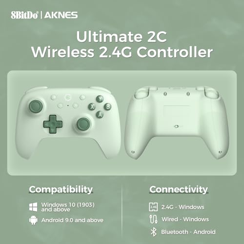 AKNES 8Bitdo Ultimate 2C Wireless 2.4G Controller for Windows PC and Android, Gamepad with Hall Effect Joysticks and Hall Triggers, 1000Hz Polling Rate, Remappable L4/R4 Bumpers - Green | Gamepad with Hall Effect Joysticks and Hall Triggers, 1000Hz Pollin