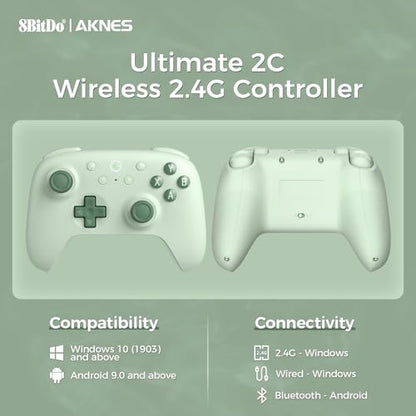 AKNES 8Bitdo Ultimate 2C Wireless 2.4G Controller for Windows PC and Android, Gamepad with Hall Effect Joysticks and Hall Triggers, 1000Hz Polling Rate, Remappable L4/R4 Bumpers - Green | Gamepad with Hall Effect Joysticks and Hall Triggers, 1000Hz Pollin