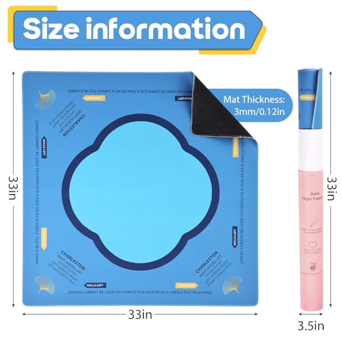 Mahjong Mat & Mah Jongg Mat for Table - Waterproof & Silent, 3mm Thick Non-Slip Game Pad with Unique Designs, Carry Bag & Gift Tube - Premium Mahjongg Accessories（31.5" x 31.5"） Blue - color: Blue