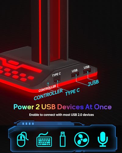 RGB Headphone Stand with 2 USB 2.0 Extension Charging Port Extender Cord,Desk Gaming Headset Holder,Cool LED Headphone Holder PC Gaming Accessories,Gamer Gifts