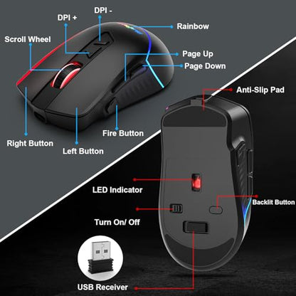 BlueFinger Wireless Keyboard and Mouse Combo, Long Lasting Rechargeable Battery 87 Keys RGB Rainbow Backlit Gaming Keyboard & Ergonomic Light Up Gaming Mouse for Mac Laptop Computer PC Gamer - color: Black