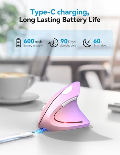 TECKNET Ergonomic Mouse Wireless, Rechargeable Vertical Mice Right Hand | Bluetooth+2.4G, Multi Device, 4800 DPI Adjustable, Optical Carpal Tunnel Mouse for Laptop, PC, Computer, MacBook, Pink Purple - color: Pink Purple