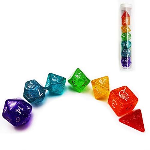 Bescon Colorful Unicorns Rainbow Sparkled Polyhedral D&D Dice Set of 7, RPG DND Dice 7pcs Set in Tube Packing - color: Unicorns Rainbow Set