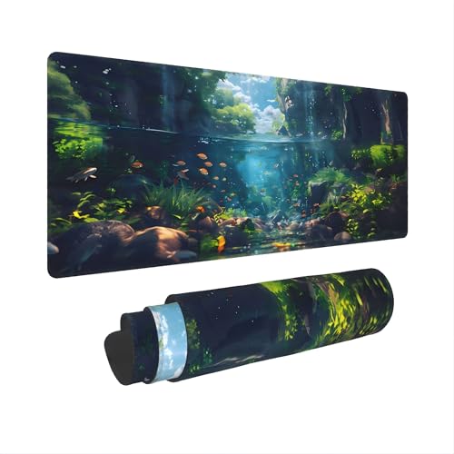 XXL Gaming Mouse Pad 35.4x15.7 inch, Stream Fish Landscape Theme Desk Mat,Large Ocean Sea Water Plants Scene Mousepad (Water Plant) - color: Water Plant