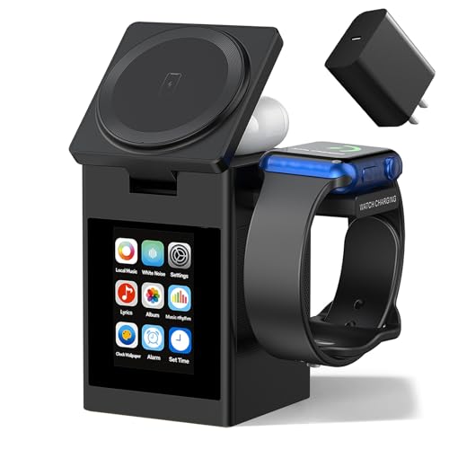 Vivilumens 7-in-1 Wireless Charging Station with Bluetooth Speaker Alarm Clock, LCD Touch Screen, Multifunctional 3 in 1 Wireless Charger, 18W Fasting Charging, Gifts for Men Teenage Boys - color: Black-Touch Screen