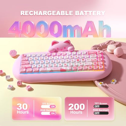 YUNZII C68 Silicone Cute Cat Mechanical Keyboard (Pink, Milk Switch) | Wireless Triple Mode BT5.0/2.4G/Wired, RGB Backlit NKRO, Cute Cat Silicone Ergonomic Design for Win/Mac - color: Pink, size: Milk Switch