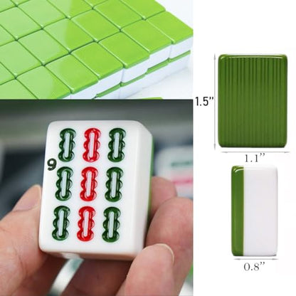 Mahjong Set,Chinese Mahjong Game Set with Carrying Travel Case, 1.5'' Large 146 Tiles with Arabic Numerals, 3 Dices, A Wind Indicator, A Set of Chips, Mah Jongg Set - color: Green-a