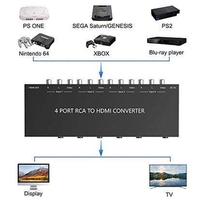 4 AV to HDMI RCA to HDMI Converter 1080P/720P 4 Way RCA Composite CVBS AV Switch to HDMI Converter Adapter Support 4:3/16:9 Switching For Sega Xbox PS1 PS2 PS3 N64 NGC SNES WII VHS VCR Camera DVD - color: 4AV to HDMI Converter