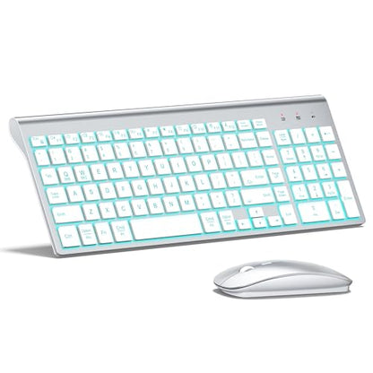 Wireless Backlit Keyboard and Mouse Ultra Slim Combo, TopMate 2.4G Silent Compact 2400DPI Mouse and Scissor Switch Keyboard Set, Batteries Included, for PC/Laptop/Windows/Mac/Gaming - BL Silver White - color: BL Silver White