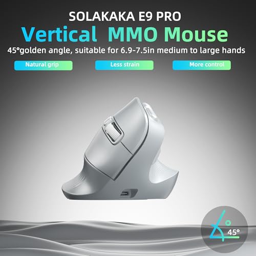SOLAKAKA E9 PRO Ergonomic Vertical MMO Mouse with 8K Dongle, Gray-Silver | Ergonomic 45° Grip vertical,PAW3395 36000 DPI Sensor, Tri-Mode Wireless,10 Side Buttons,1000mAh Rechargeable,RGB - color: Gary