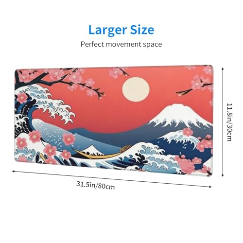 Large Gaming Mouse Pad Desk Mat, Japanese Cherry Blossom Sea Wave Extended Keyboard Mouse Pad Mousepad with Non-Slip Base and Stitched Edge Mouse Mat Desk Pad for Desk Home Office, 31.5 x 11.8 - color: Japanese Cherry Blossom Sea Wave