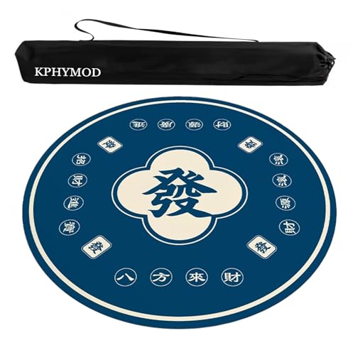 Blue Round Mahjong Mat with Carrying Bag, Anti Slip Noise Reduction Poker Card Board Tile Games Polyester Table Cover(Blue-3,35.43x35.43 in) - color: Blue-3, size: 35.43x35.43 in