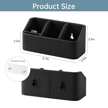 No Drill PU Leather Wall Remote Holder, 3 Compartments Storage Caddy for TV AC Remotes, Pens, Eyeglasses, Home Bedroom Bathroom Office (Stylish Black Fine Ribbed) - color: Stylish Black Fine Ribbed