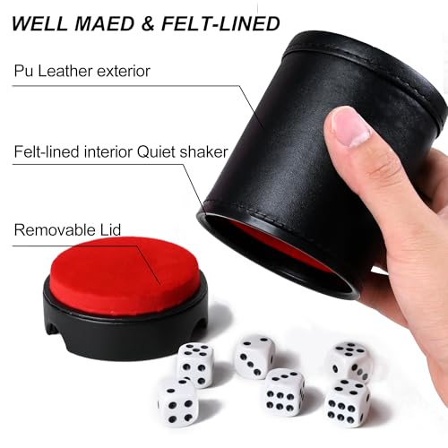 Dice Cup Leather Set with Lid, Felt-Lined PU Leather Quiet Shaker for Yahtzee Farkle Dice Board Games, Set of Six 16mm Dice Included