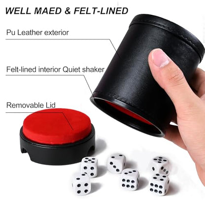 Dice Cup Leather Set with Lid, Felt-Lined PU Leather Quiet Shaker for Yahtzee Farkle Dice Board Games, Set of Six 16mm Dice Included