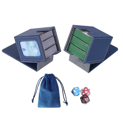 AFIING MTG Deck Box for Commander Display,Card Deck Box Fits 100 Double Sleeved Cards, Magic Commander TCG Card Storage with 2 Dividers,Dice Bag and 1 Toploader(Blue/Grey) - color: Commander Blue Grey