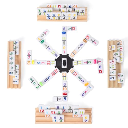 Mexican Train Dominoes Set with 4 Wooden Trays - Double 12 Dominoes Game with 91 Number Tiles, Portable Carrying Case & Accessories - Classic Family Table Game for Kids, Adults & Travel - style: Number with 4 Large Racks