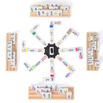 Mexican Train Dominoes Set with 4 Wooden Trays - Double 12 Dominoes Game with 91 Number Tiles, Portable Carrying Case & Accessories - Classic Family Table Game for Kids, Adults & Travel - style: Number with 4 Large Racks