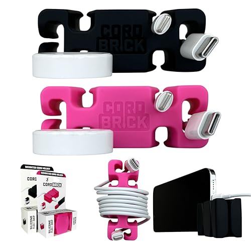 2PK Silicone + Steel Weighted Cord Holders for Nighstand, Cable Wraps for Travel, iPhone Accessories, Small Graduation Gifts for College Students, Guys, Men. Black/Pink - color: (F) Pink, size: Black and