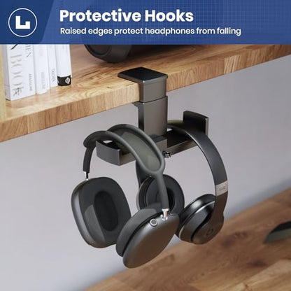 Dual Headphone Stand Holder - EURPMASK 2 in 1 PC Gaming Headset Hooks, 360 Degree Rotating Headphone Hanger with Adjustable Clamp & Cable Clip Organizer, Headset Mount Under Desk Earphone Clamp-Black - color: Black
