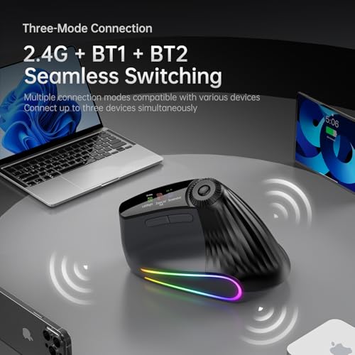 Ergonomic Vertical Mouse Wireless, Rechargeable Bluetooth Ultra-Fast Scrolling 4800 DPI Ergo Mouse, 2.4G Quiet Clicks 6 Buttons RGB Optical Mice, 3 Multi-Device Connectivity for Mac, Laptop - color: Black