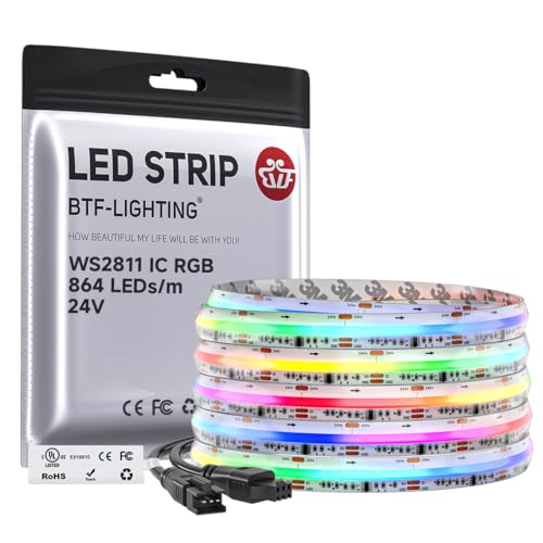 BTF-LIGHTING IP66 RGB WS2811 Smart IC FCOB COB LED Strip, UL Listed 864LEDs/m High Density Color Chasing Uniform Light, DC24V 16.4FT 12mm Width Tape Light for Home DIY Decor(No Adapter or Controller) - color: DC24V IP66, size: 16.4FT 864LED/m