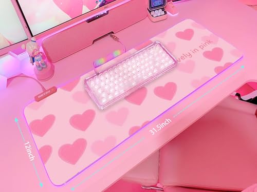 JMIYAV Pink Love Heart RGB Gaming Mouse Pad 31.5x12 Inch Cute Mousepad PC XL Large Extended Glowing Led Light Up Desk Pad Non-Slip Rubber Base Computer Mat Desk Accessories Gaming Setup Sweet Hearts - color: Sweet Hearts