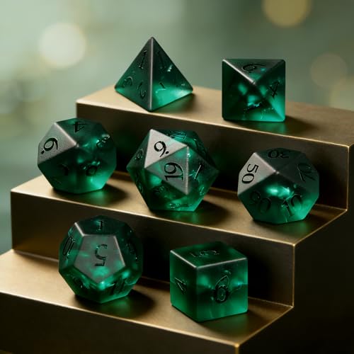 Cracked Matte Green 7Pcs Polyhedral Dice Set, K9 Crystal Cat's Eye Multi-Faceted DND Dice for Dungeons and Dragons RPG Tabletop Game (Matte Cracked Green) - color: Matte Cracked Green