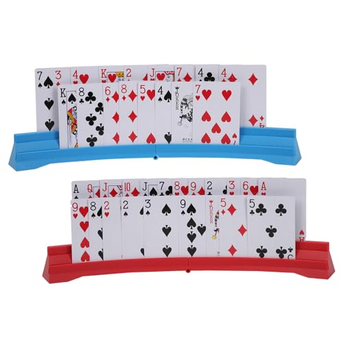 2 Pack Card Holders for Playing Cards,Double Layered Stackable Storage Game Card Tray for Arthritis Patients -Playing Card Rack for Kids Adults Seniors(2 Colors) - color: Red,blue(2 Colors)