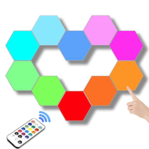 ODISTAR Remote Control Hexagon Wall Light,Smart Wall-Mounted Touch-Sensitive DIY Geometric Modular Assembled RGB led Colorful Light with USB-Power,Used in Bedroom (10-Pack) - color: 10-Pack Remote Control