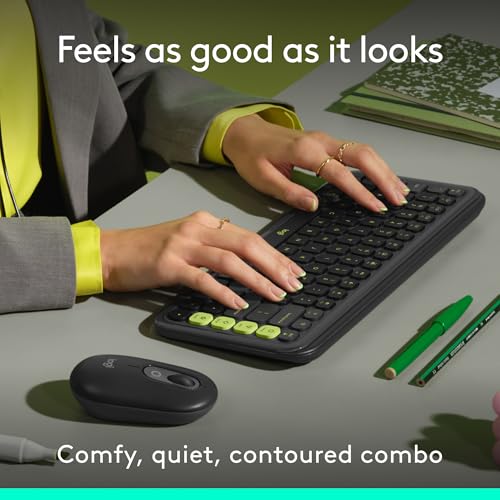 Logitech POP ICON Combo, Wireless Bluetooth Keyboard and Mouse, Comfortable Typing, programmable Keys and Buttons, Quiet clicks, Easy-Switch up to 3 Devices - Graphite and Lime - color: Graphite Lime, style: Combo