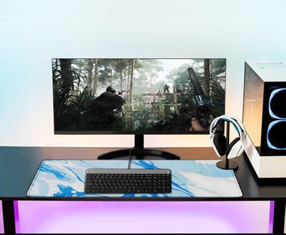 Extra Large Gaming Mouse Pad 31.5 x 11.8 in, Waterproof Mousepad with Stitched Edges, Premium Microfiber Cloth Surface, Non-Slip Base Keyboard Desk Mat for Home Office Gaming, Marble Blue White - color: Marble Blue White, size: 31.5L x 11.8W inches
