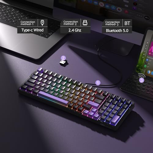 MageGee LIGHT100 Wireless Creamy Keyboard, Gasket Structure Hot Swappable, Tri-Mode 2.4G/USB-C/BT5.0 RGB Backlit Mechanical Gaming Keyboard for Win/Mac/PC, PBT Keycap, 4000mAh Battery, Purple - color: Purple Black/Blue Whale Switch