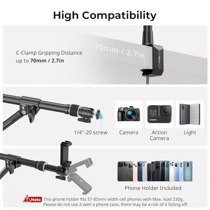 SMALLRIG Triangle Camera Desk Mount, Max. Load 3kg/ 6.6lbs, Overhead Mount with Auxiliary Support Rod, with Phone Holder and Small Ball Head for Camera/Phone/Light/Webcam - style: Clamp 4304