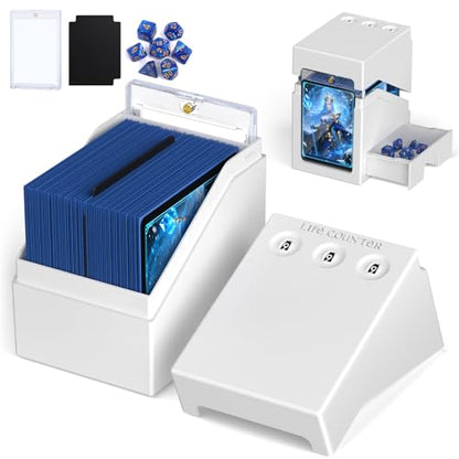 Proijeut Mtg Deck Box with Life Counter, Commander Deck Box Fits 100 Double-Sleeved Cards, Magic Card Storage Box with Commander Display & Dice Tray, Fit for MTG, TCG, CCG (White) - color: White