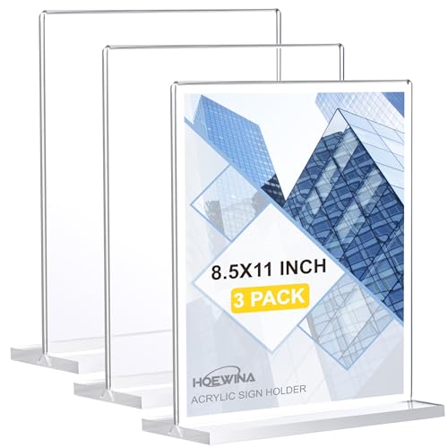 Hoewina 3Pack Acrylic Sign Holder 8.5 x 11inch, Vertical Display Sign Stand | Clear Menu Holder Stand, Table Paper Holder, Desk Brochure Holder for Vendor Booth Display Items, Restaurants, Office, Store