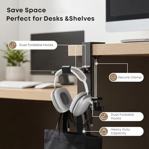 Dual Foldable Headphone Hanger Under Desk, Aluminum Alloy Headset Holder with Hooks, Anti-Accidental Bump Design, No-Drill Clamp Mount, Space-Saving for Headsets, Office & Computer Desk Organizer
