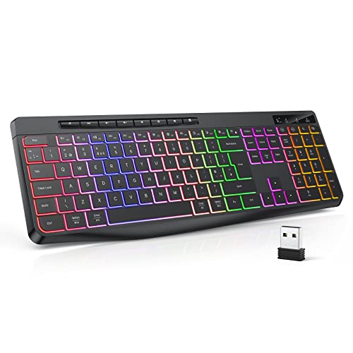 TECURS Wireless Gaming Keyboard - Light Up, Silent, Ultra Slim Full Size, LED Backlit 2.4G with Multimedia Keys for Mac & Windows