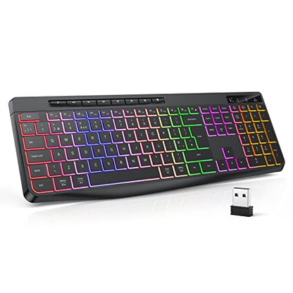 TECURS Wireless Gaming Keyboard - Light Up, Silent, Ultra Slim Full Size, LED Backlit 2.4G with Multimedia Keys for Mac & Windows