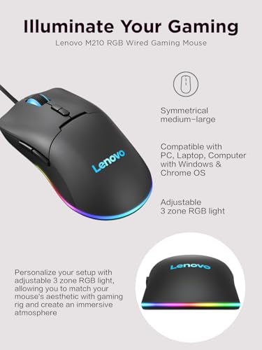 Lenovo M210 RGB Wired Gaming Mouse for PC, Laptop, Computer with Windows & Chrome OS - 3 Zone RGB, 8000 DPI Adjustable Sensor, 7 Programmable Buttons – Palm Grip Mouse for Gamers (Black) - color: Black M210 RGB