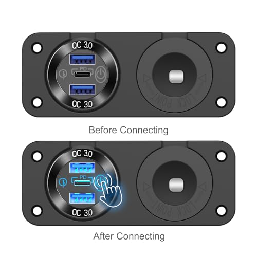 12V USB Outlet Marine Switch Panel 12 Volt Plug, PD3.0 & Dual Quick Charge 3.0 USB Ports Aluminum Car Charger with Power Switch, Waterproof 150W Cigarette Lighter Socket 2 in 1 DIY Kit for Boat RV ATV - color: Charger+Socket