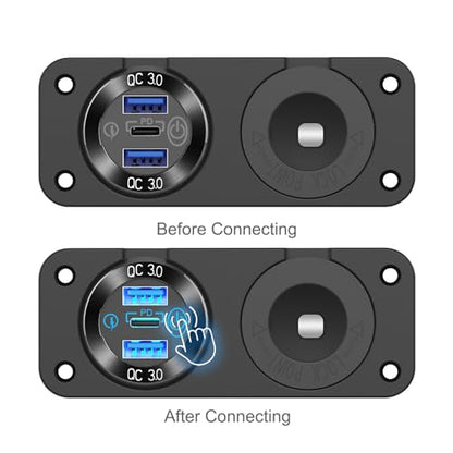 12V USB Outlet Marine Switch Panel 12 Volt Plug, PD3.0 & Dual Quick Charge 3.0 USB Ports Aluminum Car Charger with Power Switch, Waterproof 150W Cigarette Lighter Socket 2 in 1 DIY Kit for Boat RV ATV - color: Charger+Socket