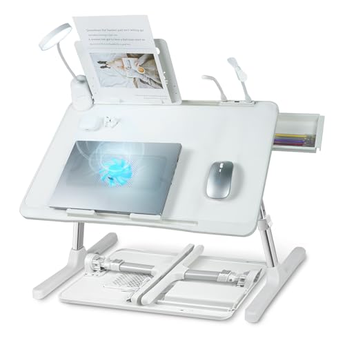 Adjustable Laptop Lap Desk with Cooling Fan USB Light for Adults 56x32cm,White - color: White,56-32cm