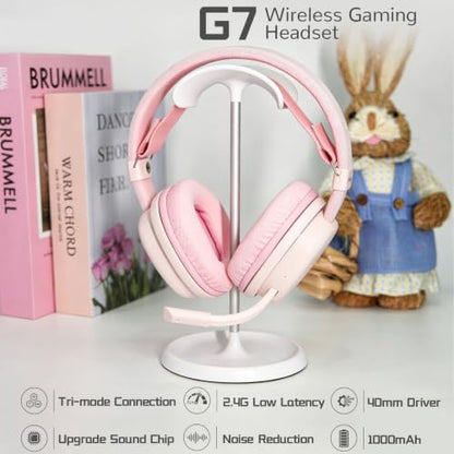 G7 Wireless Gaming Headset, Surround Sound 10ms Low Latency, PC Headset with Detachable Noise Canceling Mic, 40mm Driver, Tri-Mode 2.4G/BT5.2/Wired, Over Ear Headphone for PS5,PS4,Switch - color: Pink
