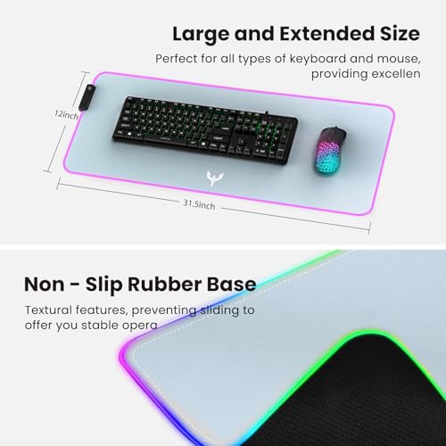 RGB Gaming Mouse Pad Extra Large Extended 31.5x12 Inch-Grey | LED mouse pad with 14 lighting modes, covers keyboard & mouse, anti-slip rubber base, waterproof surface, USB powered - color: Grey