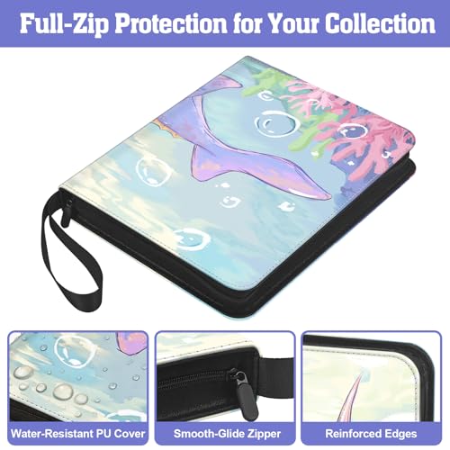 Trading Card Binder TCG, 900 Pockets, 50 9-Pocket Sheets, 3-Ring Refillable Album Fits Standard 2.5"×3.5" Cards, Zippered PU Cover, Acid-Free Top-Loading Pages, Wrist Strap - Axolotl Design - color: Axolotl Pastel