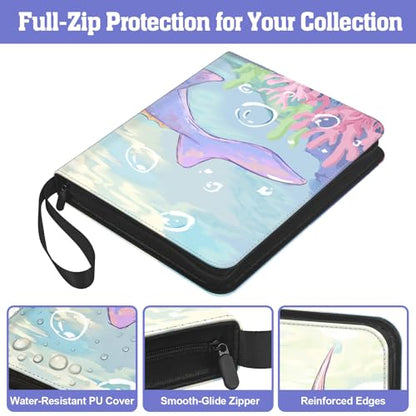 Trading Card Binder TCG, 900 Pockets, 50 9-Pocket Sheets, 3-Ring Refillable Album Fits Standard 2.5"×3.5" Cards, Zippered PU Cover, Acid-Free Top-Loading Pages, Wrist Strap - Axolotl Design - color: Axolotl Pastel