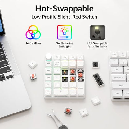 Keychron K0 Max QMK Wireless Custom Number Low-Profile RGB Backlit (Hot-Swappable) Silent Red Switch Keypad, 2.4 GHz & Bluetooth 5.3 Connection, 1000Hz Polling Rate - White - color: Silent Red Switch, size: White